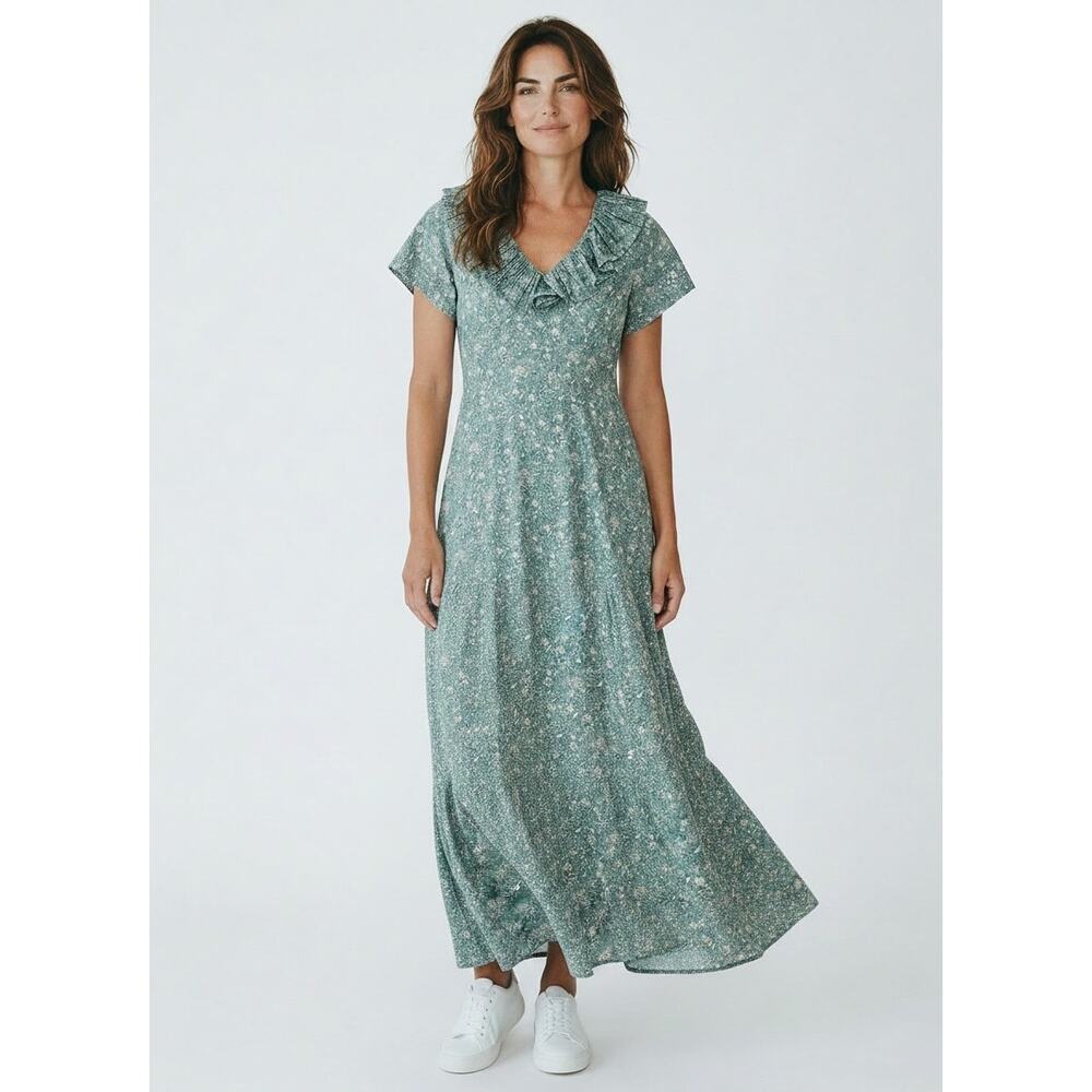 Vintage Prairie Maxi Dress NWT Green Floral Ruffle Collar USA 6 -